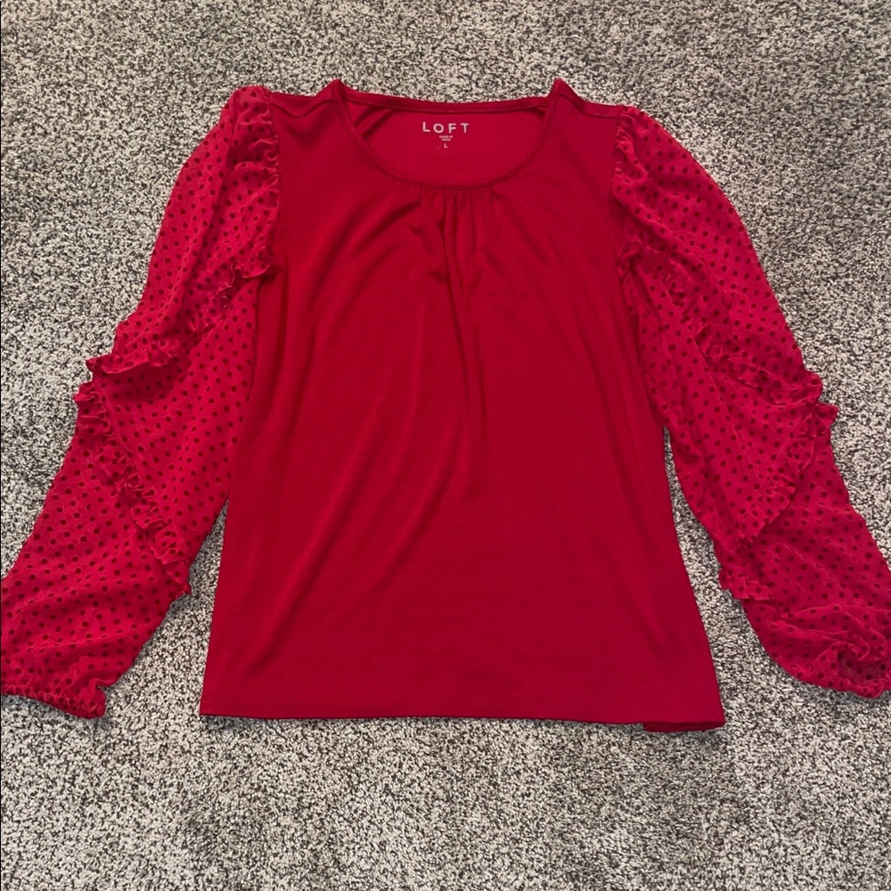 LOFT Red Blouse with Semi Sheer Dotted Ruffle Sleeves